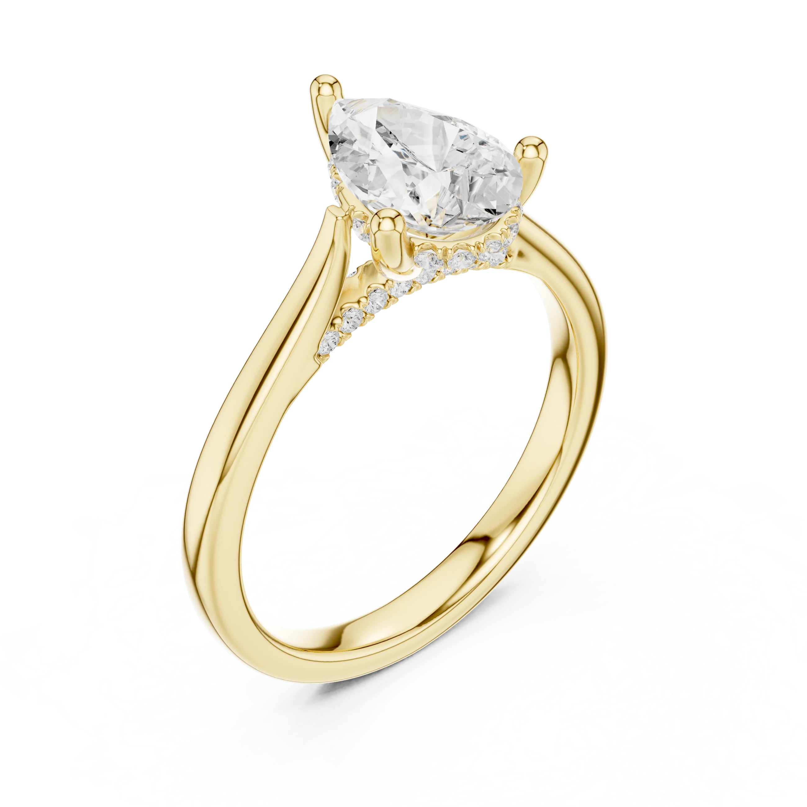 Pear Cut Diamond Hidden Halo Engagement Ring With Cathedral Pave