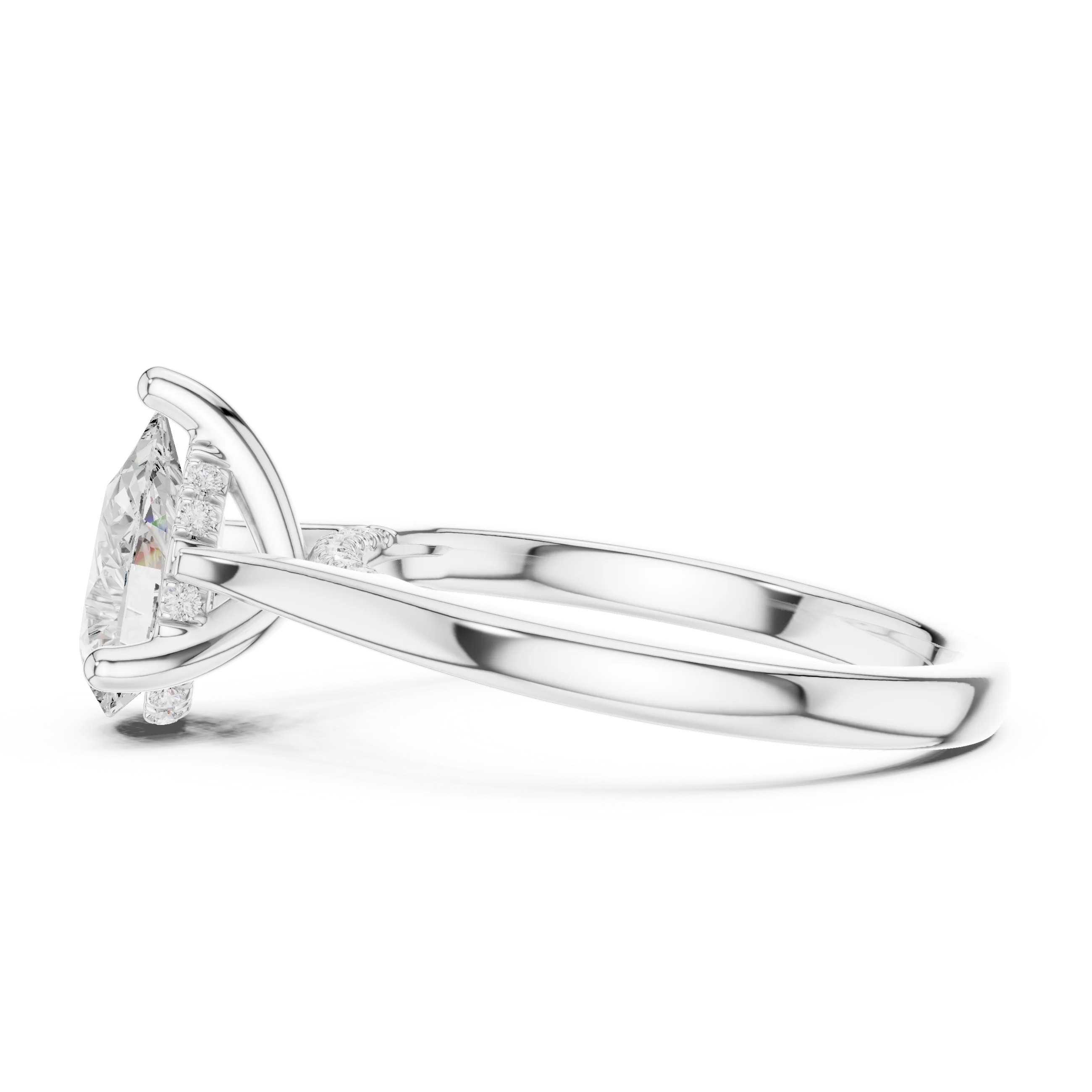 Pear Cut Diamond Hidden Halo Engagement Ring With Cathedral Pave