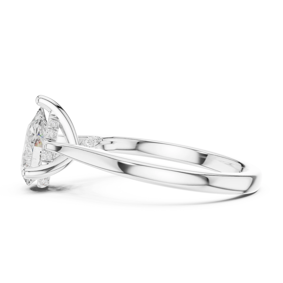 Pear Cut Diamond Hidden Halo Engagement Ring With Cathedral Pave