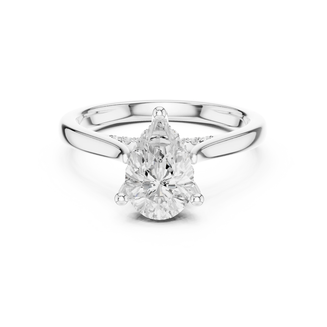 Pear Cut Diamond Hidden Halo Engagement Ring With Cathedral Pave