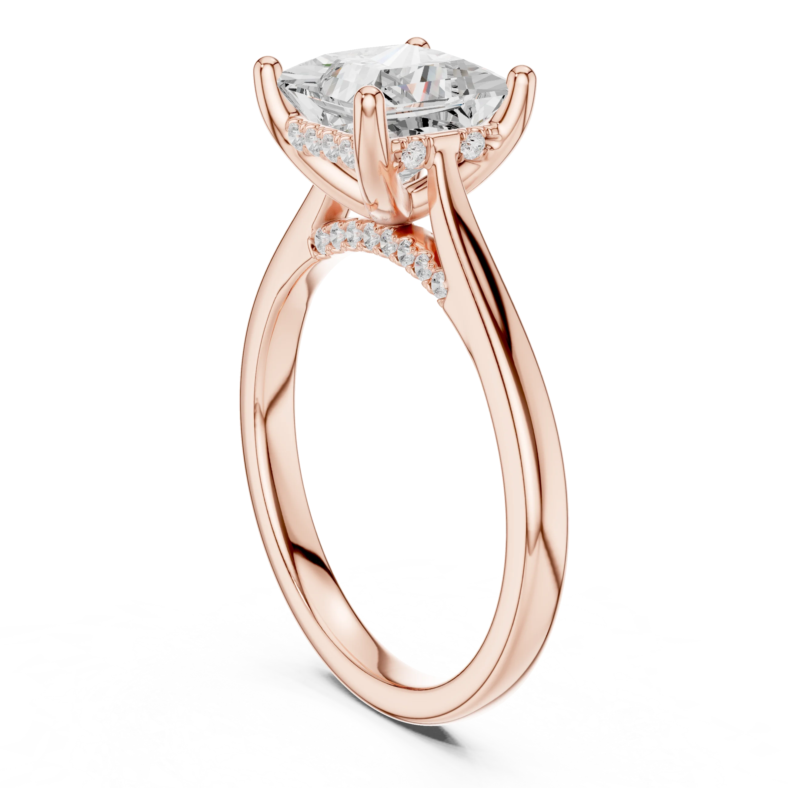 Princess Cut Diamond Hidden Halo Engagement Ring With Cathedral Pave