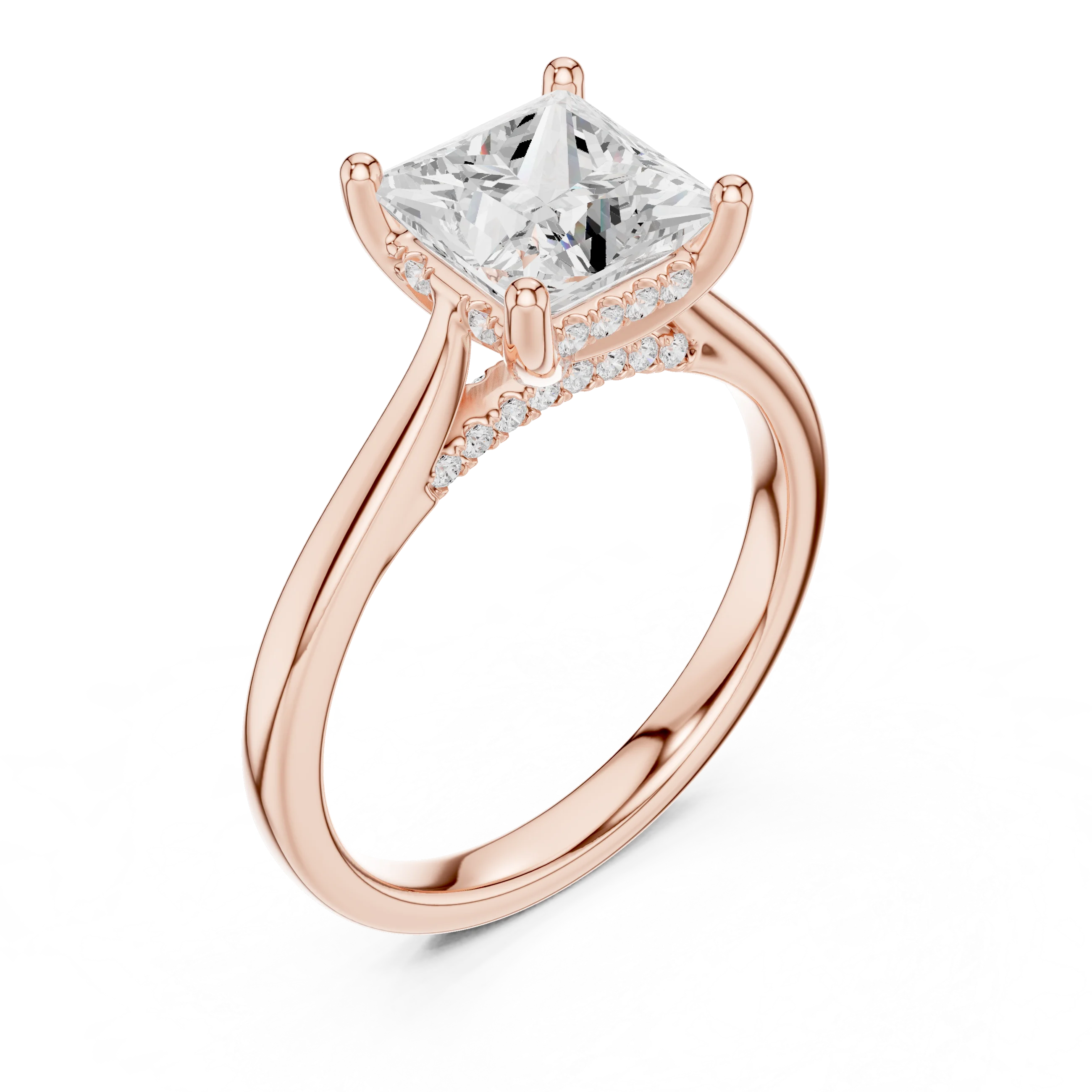 Princess Cut Diamond Hidden Halo Engagement Ring With Cathedral Pave