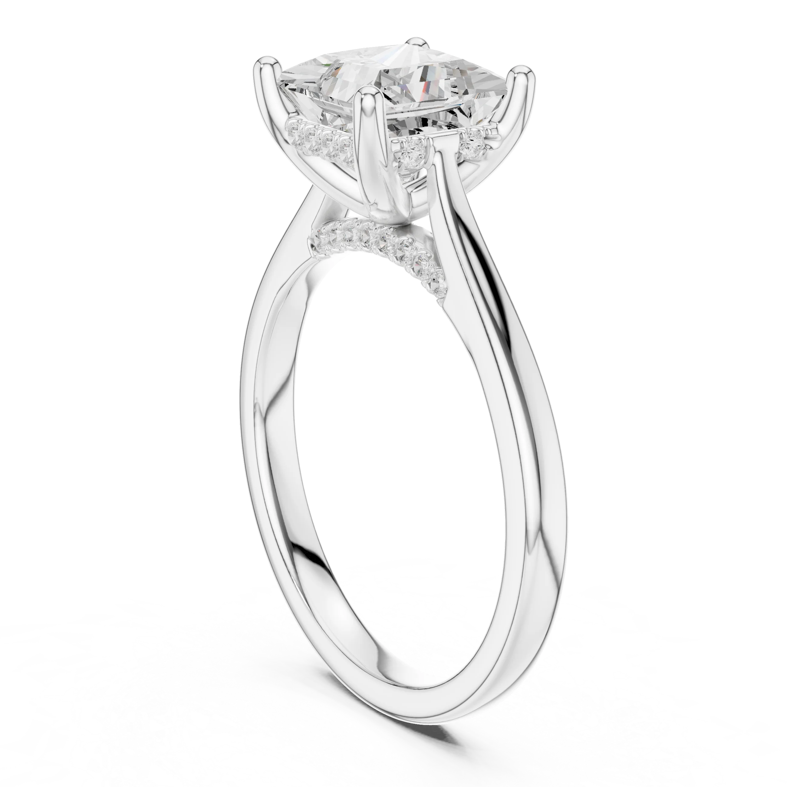 Princess Cut Diamond Hidden Halo Engagement Ring With Cathedral Pave