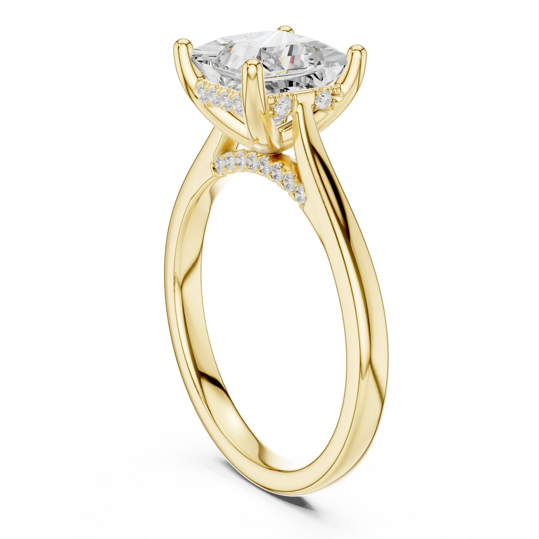 Princess Cut Diamond Hidden Halo Engagement Ring With Cathedral Pave