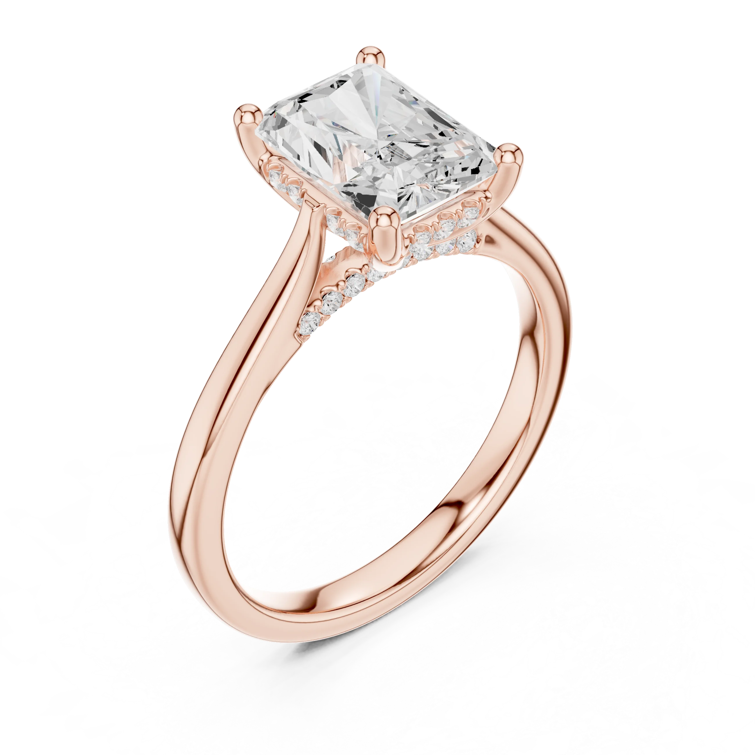 Radiant Cut Diamond Hidden Halo Engagement Ring With Cathedral Pave