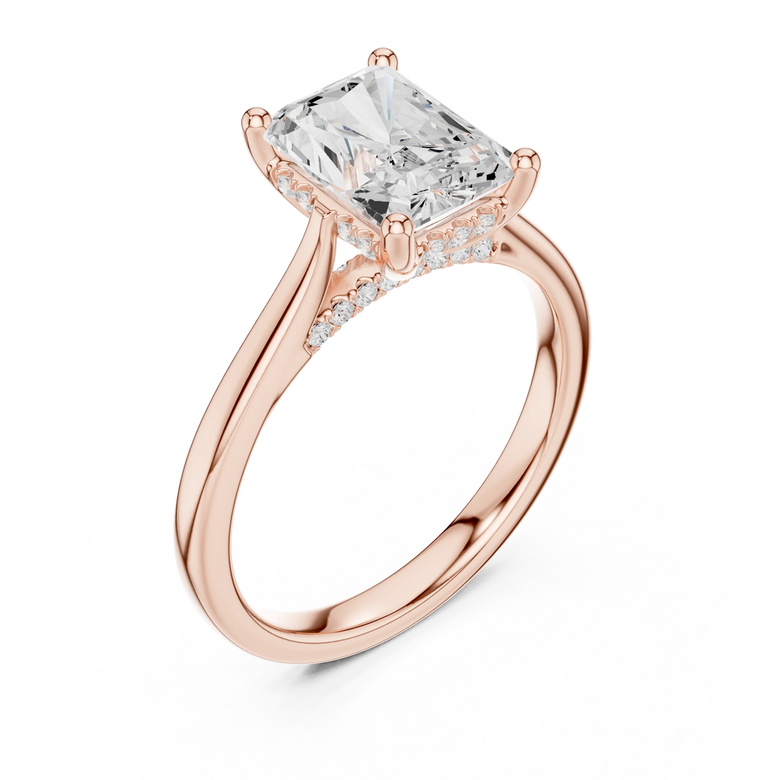 Radiant Cut Diamond Hidden Halo Engagement Ring With Cathedral Pave