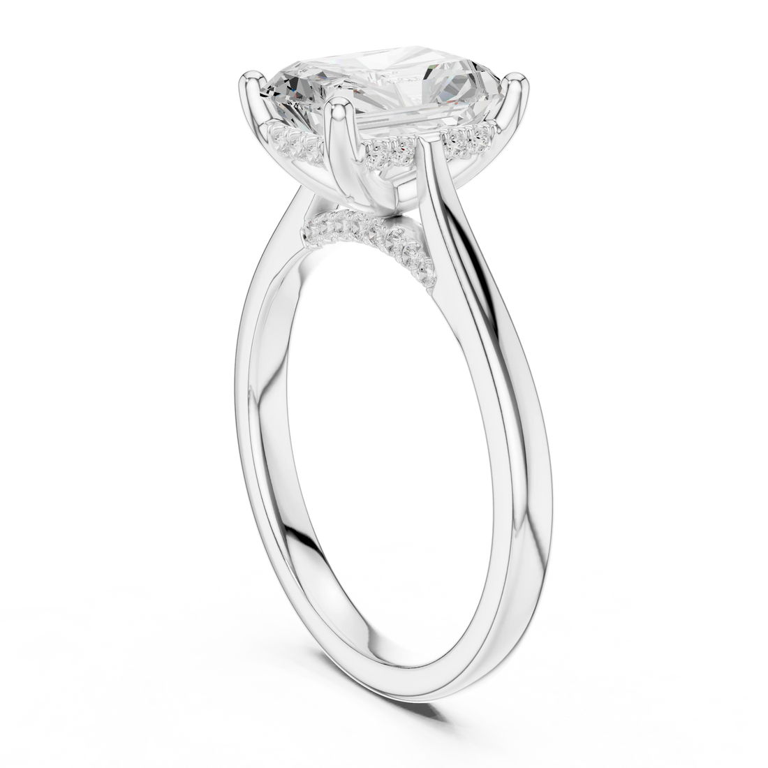 Radiant Cut Diamond Hidden Halo Engagement Ring With Cathedral Pave