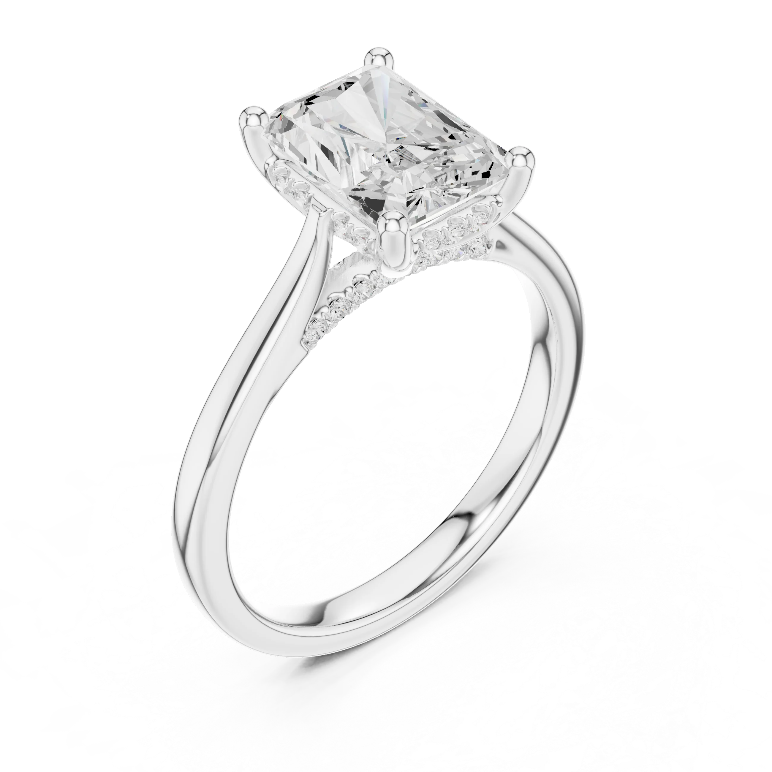Radiant Cut Diamond Hidden Halo Engagement Ring With Cathedral Pave