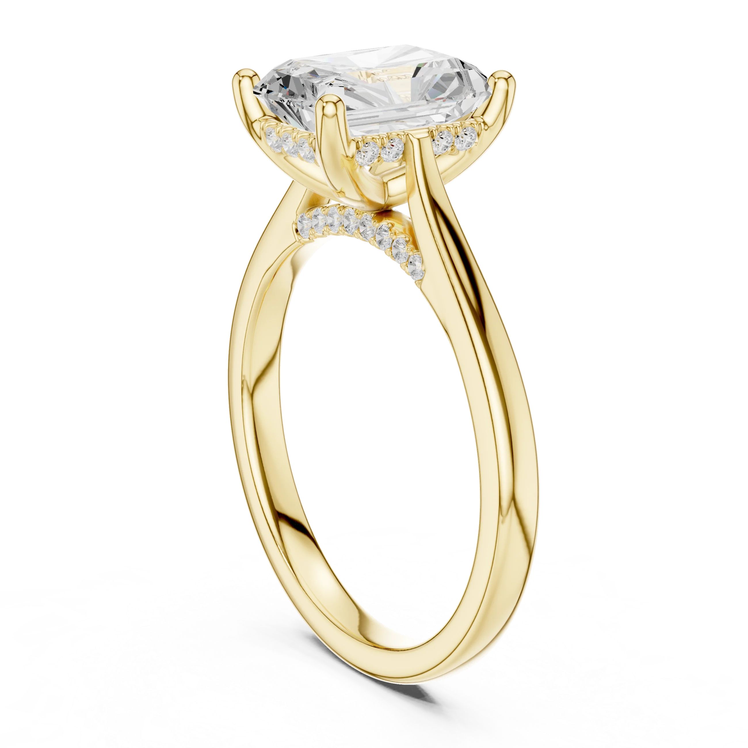 Radiant Cut Diamond Hidden Halo Engagement Ring With Cathedral Pave