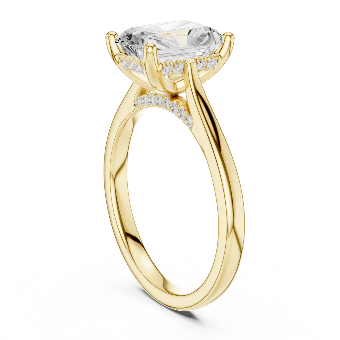 Radiant Cut Diamond Hidden Halo Engagement Ring With Cathedral Pave