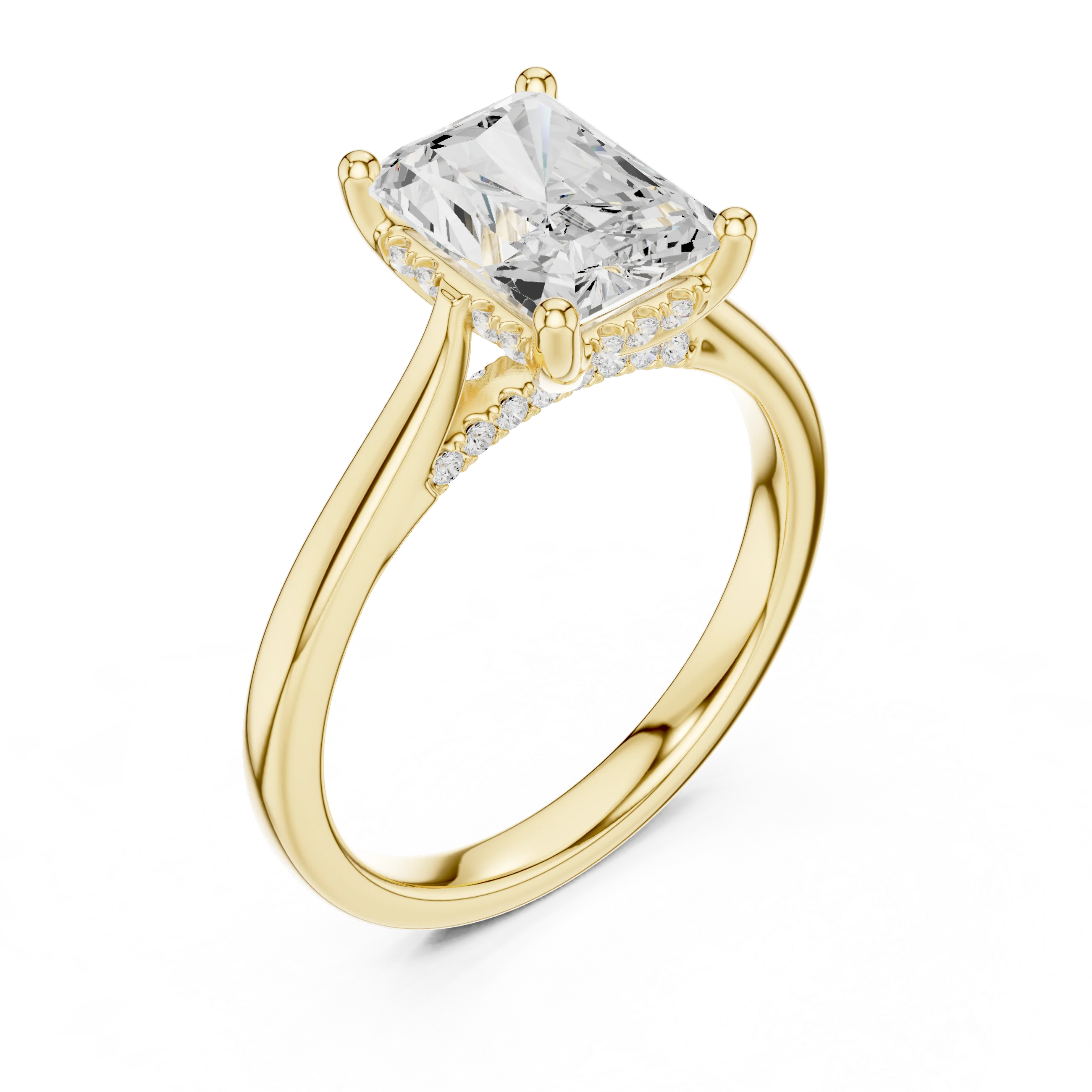 Radiant Cut Diamond Hidden Halo Engagement Ring With Cathedral Pave