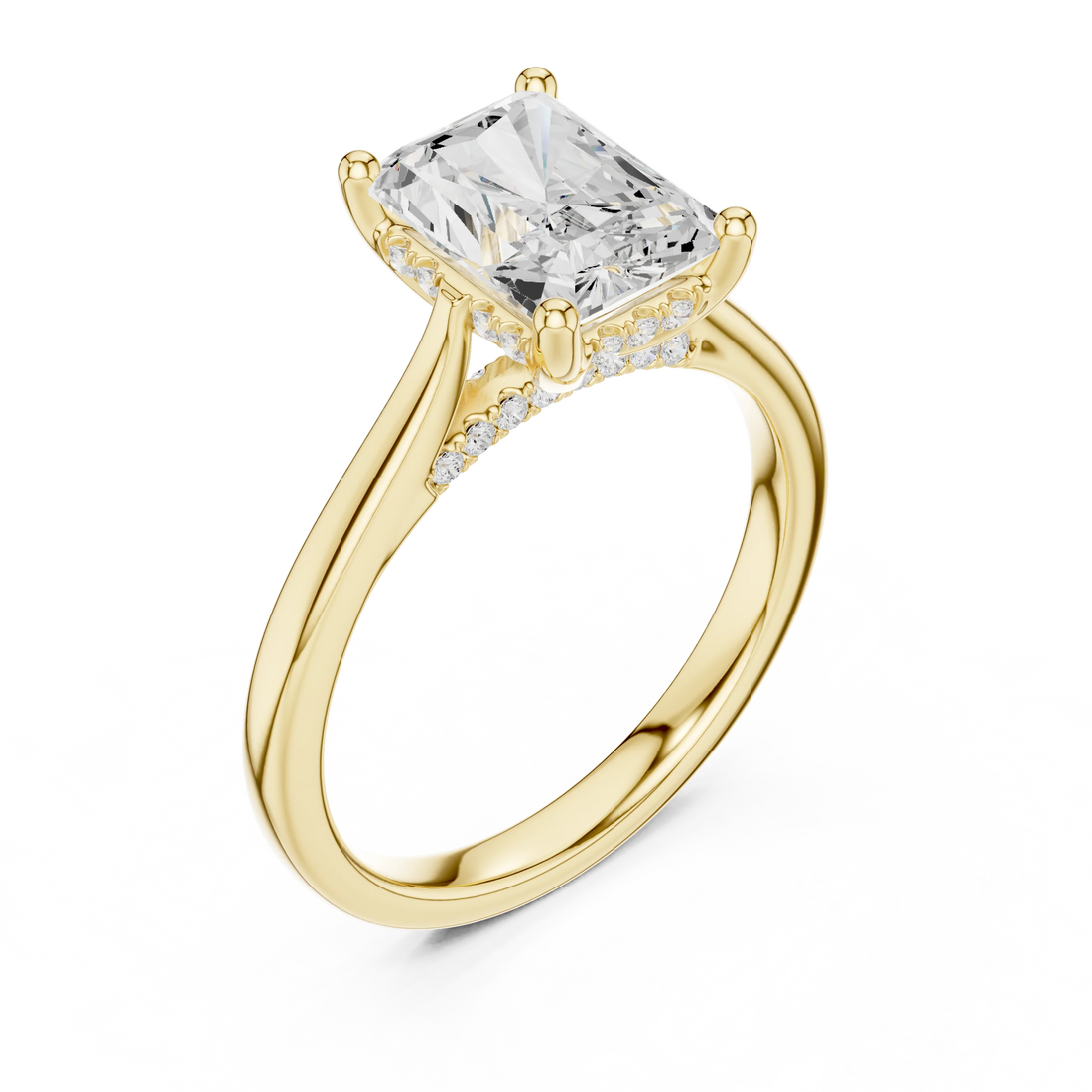 Radiant Cut Diamond Hidden Halo Engagement Ring With Cathedral Pave
