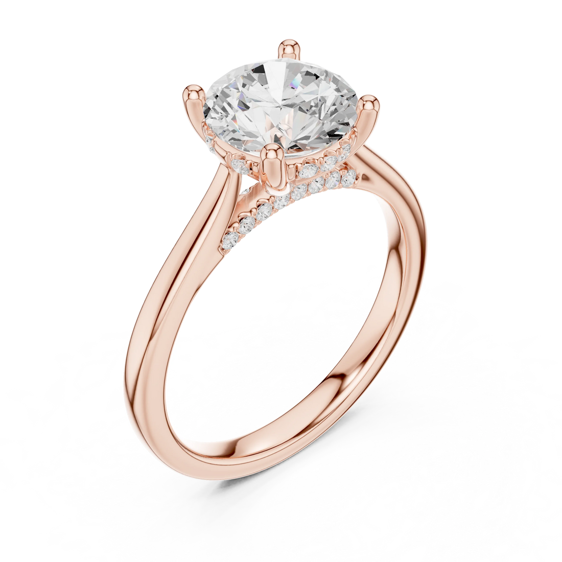 Round Cut Diamond Hidden Halo Engagement Ring With Cathedral Pave