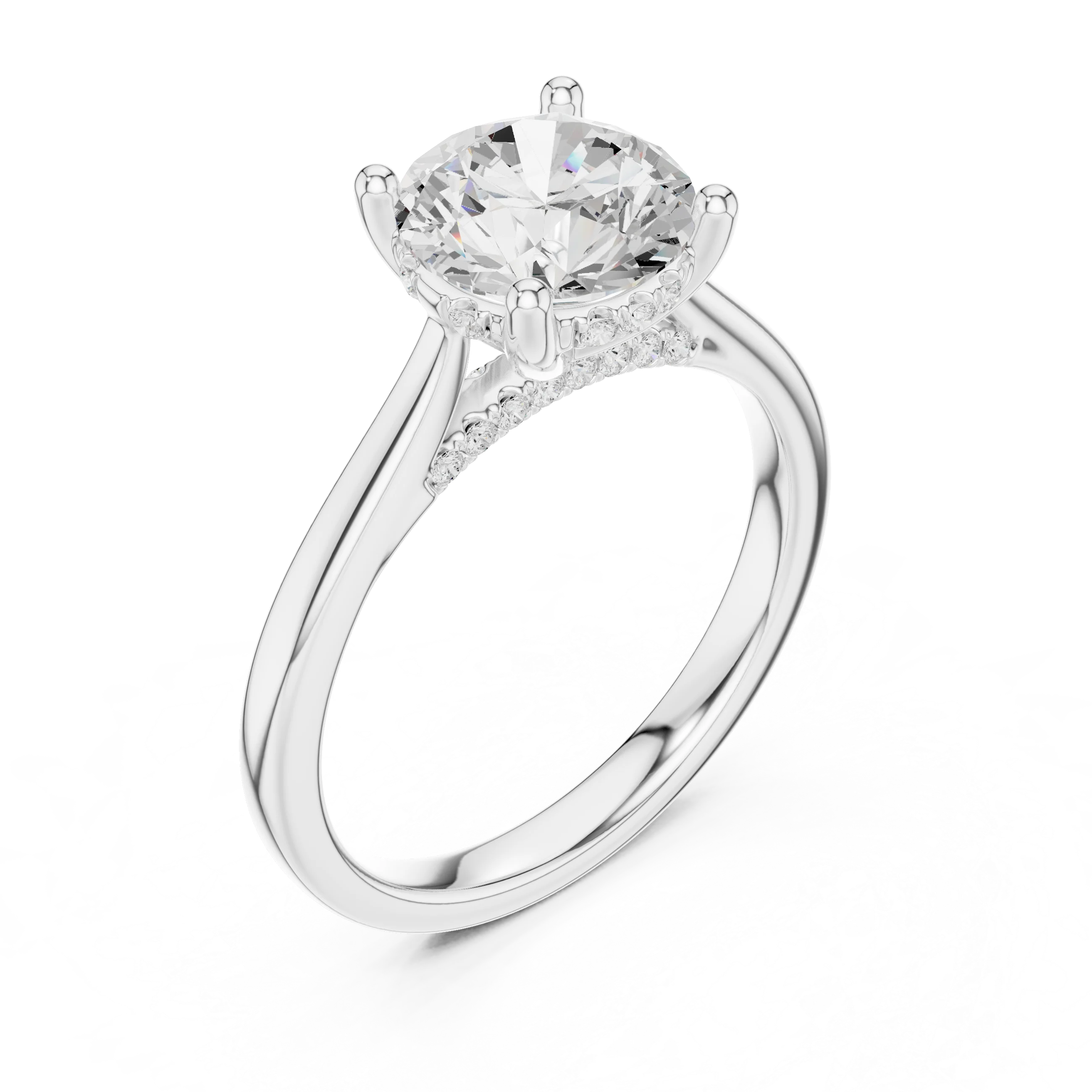 Round Cut Diamond Hidden Halo Engagement Ring With Cathedral Pave