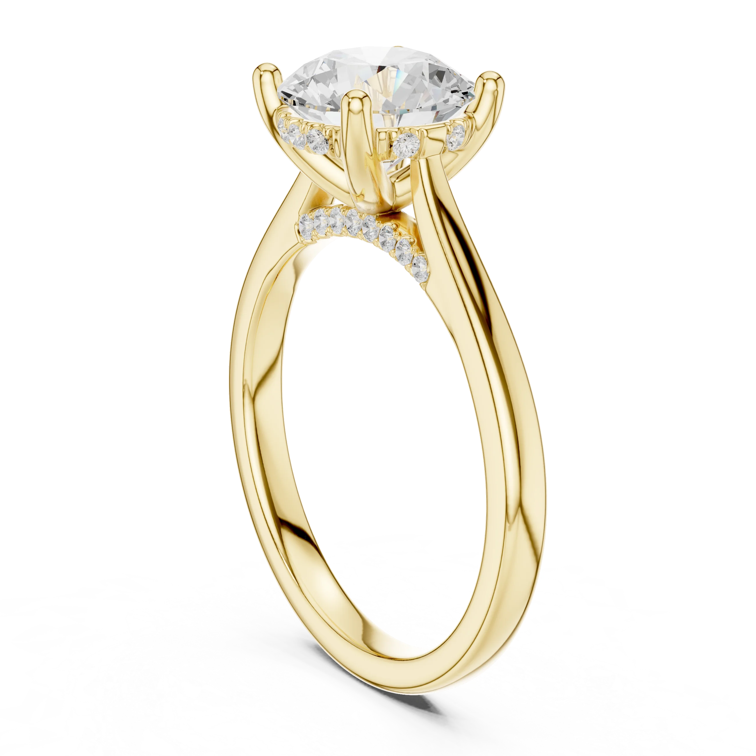 Round Cut Diamond Hidden Halo Engagement Ring With Cathedral Pave