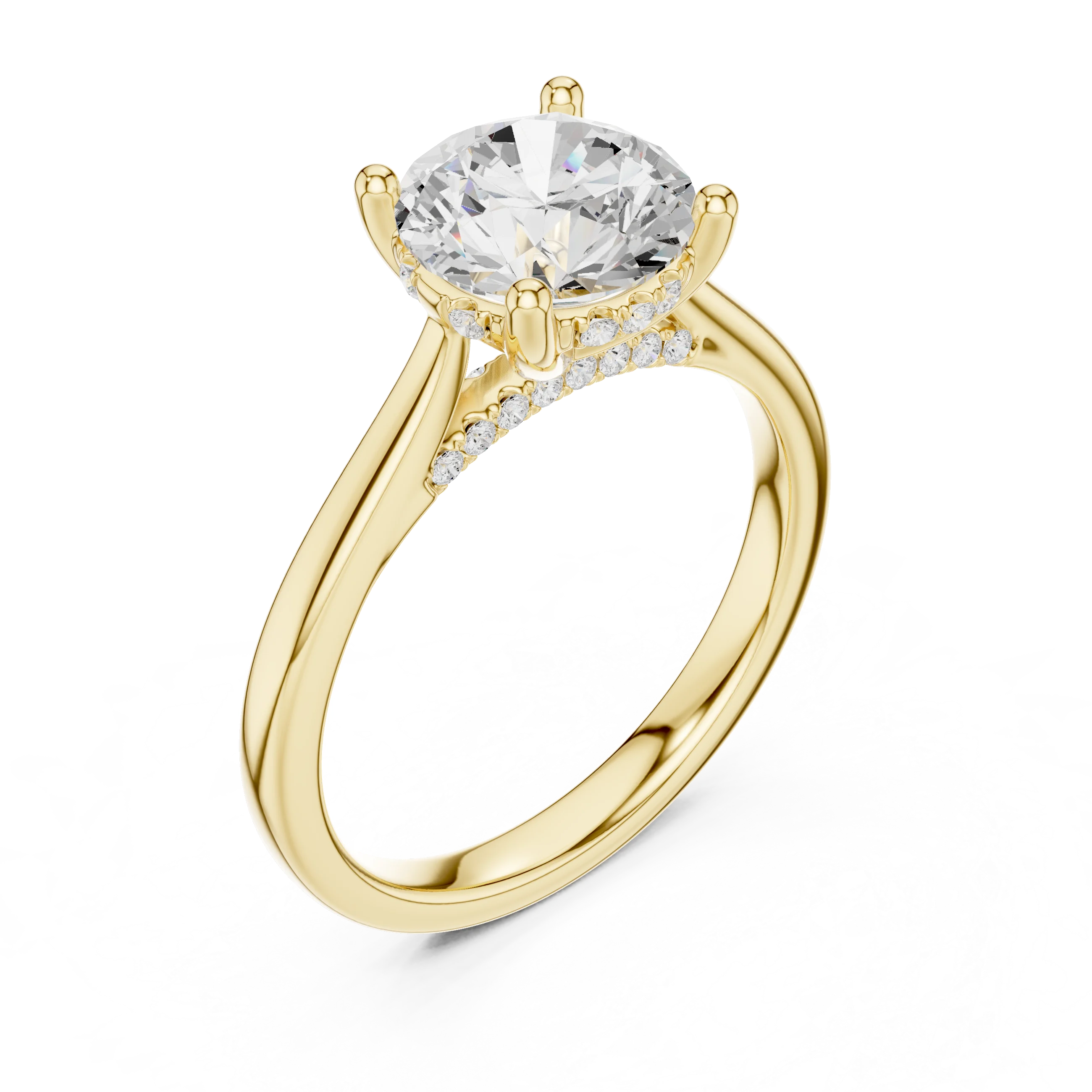 Round Cut Diamond Hidden Halo Engagement Ring With Cathedral Pave