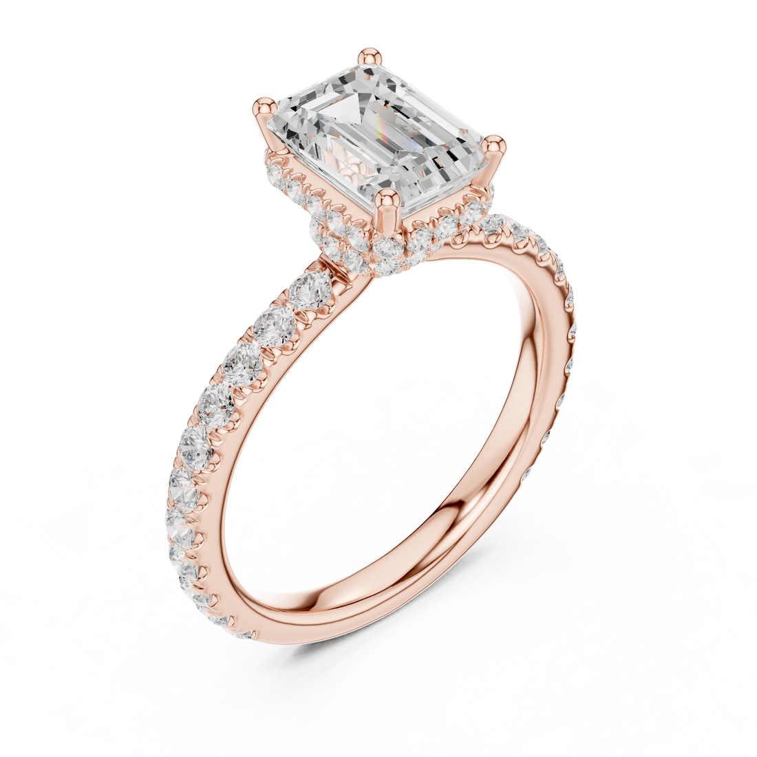 Emerald Cut Diamond Double Halo Pave Engagement Ring