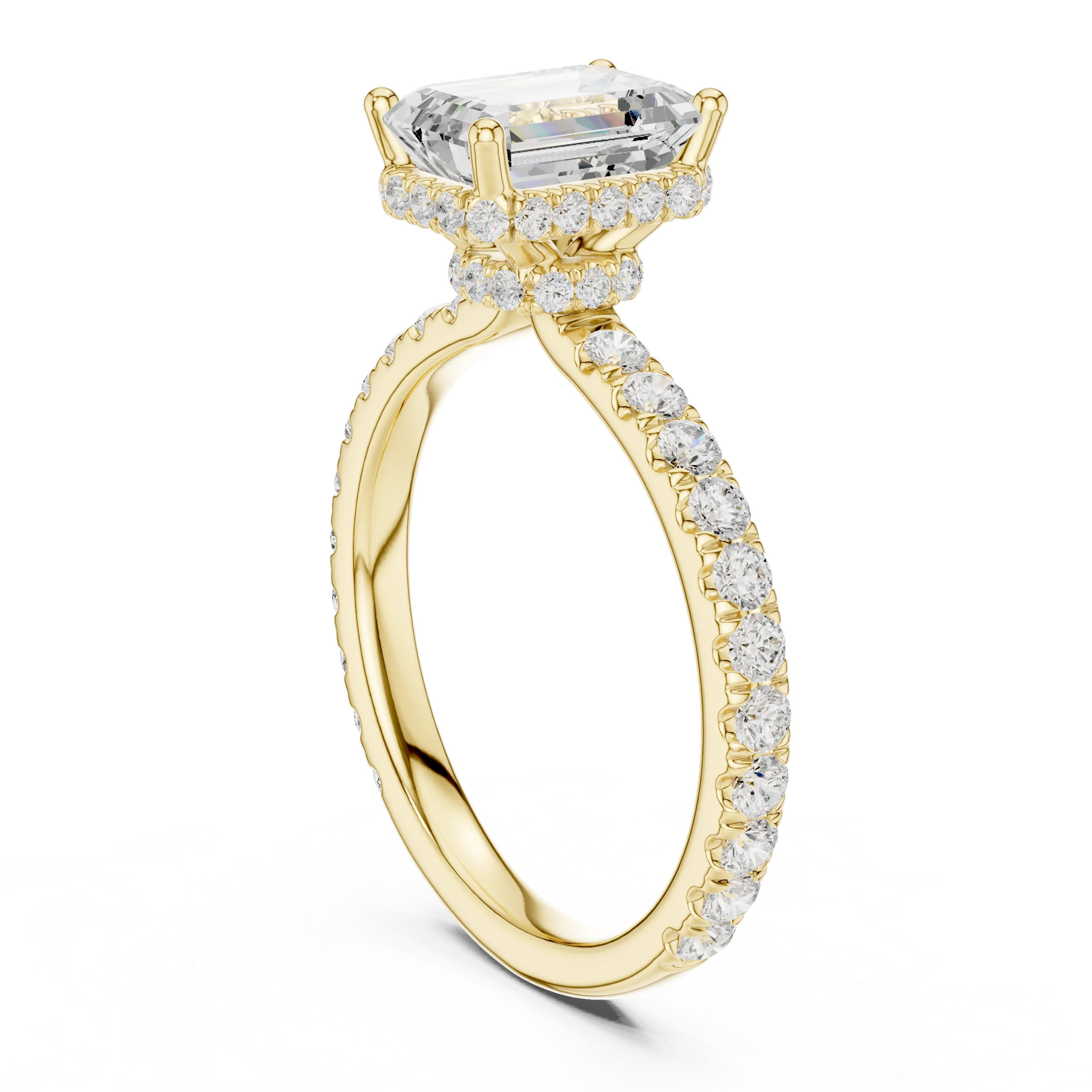 Emerald Cut Diamond Double Halo Pave Engagement Ring
