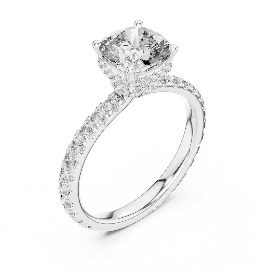 Cushion Brilliant Halo Diamond Engagement Ring with Pave Band
