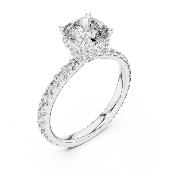 Cushion Brilliant Halo Diamond Engagement Ring with Pave Band
