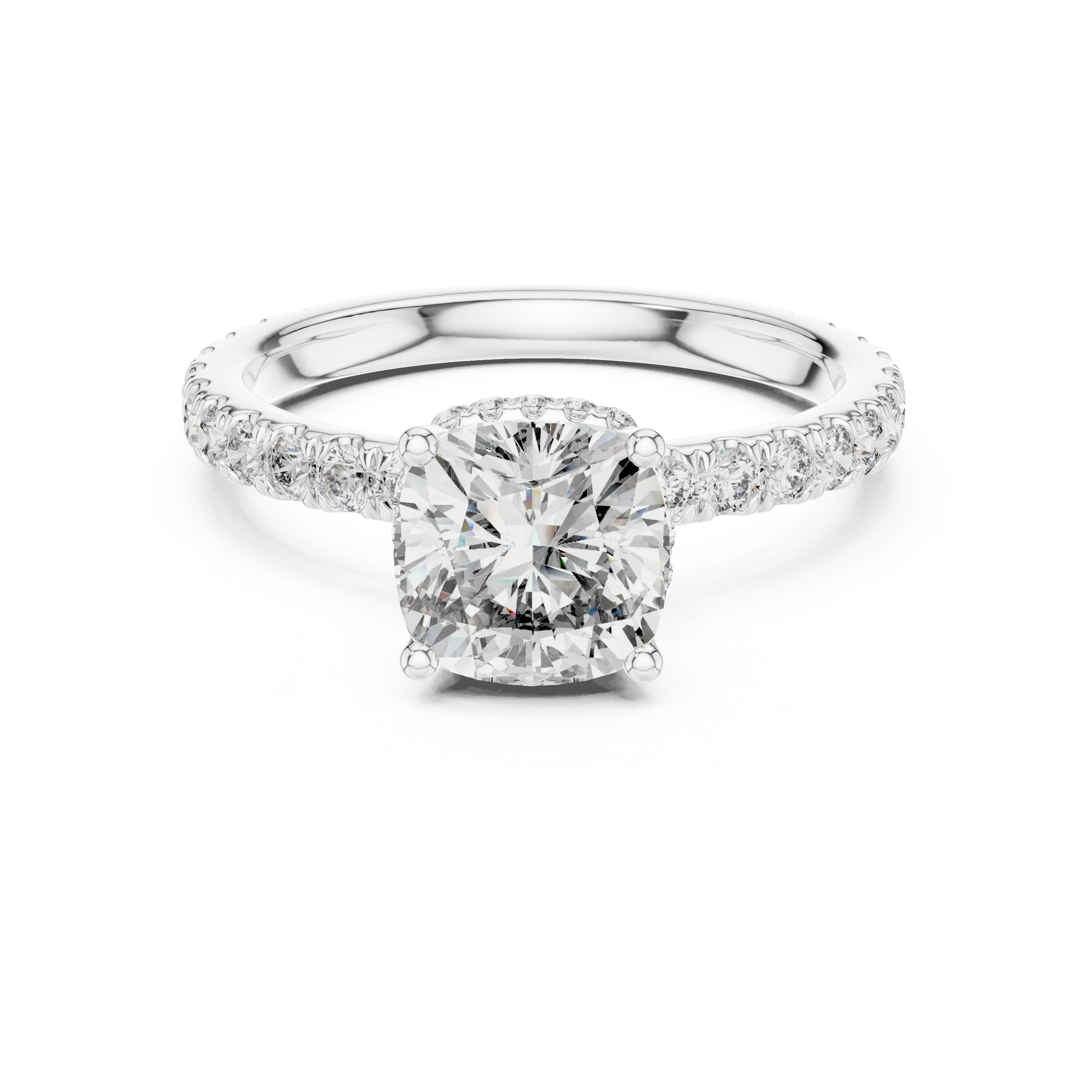 Cushion Brilliant Halo Diamond Engagement Ring with Pave Band