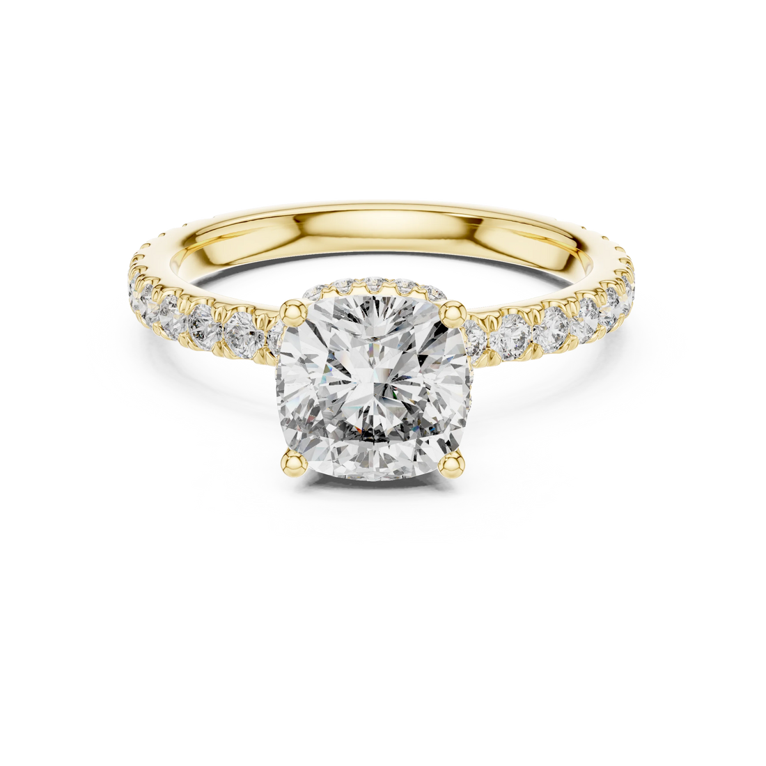 Cushion Brilliant Halo Diamond Engagement Ring with Pave Band
