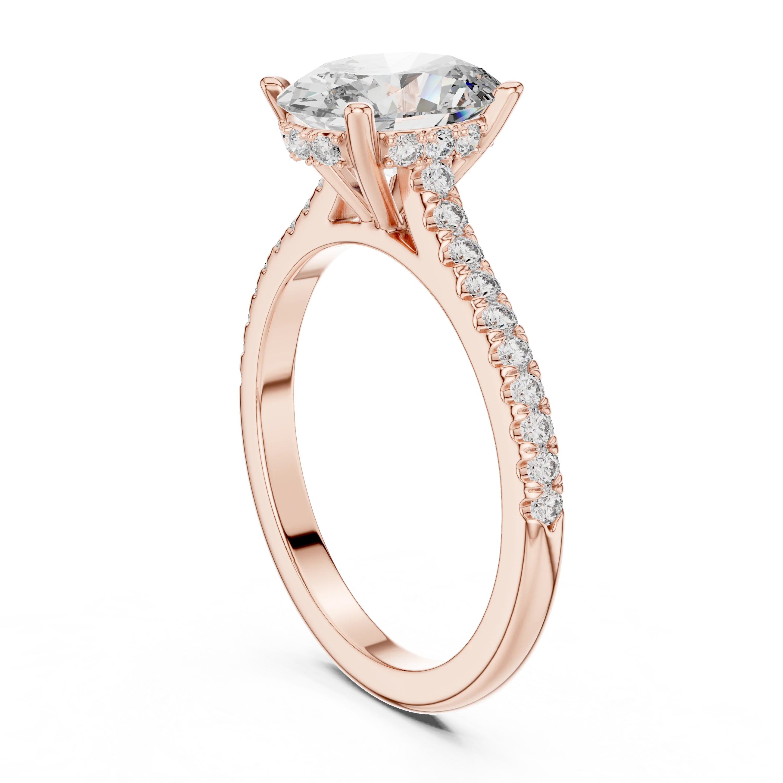 Oval Brilliant Hidden Halo Diamond Engagement Ring with Pave Shank