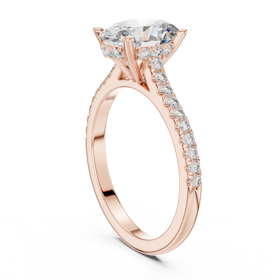 Oval Brilliant Hidden Halo Diamond Engagement Ring with Pave Shank