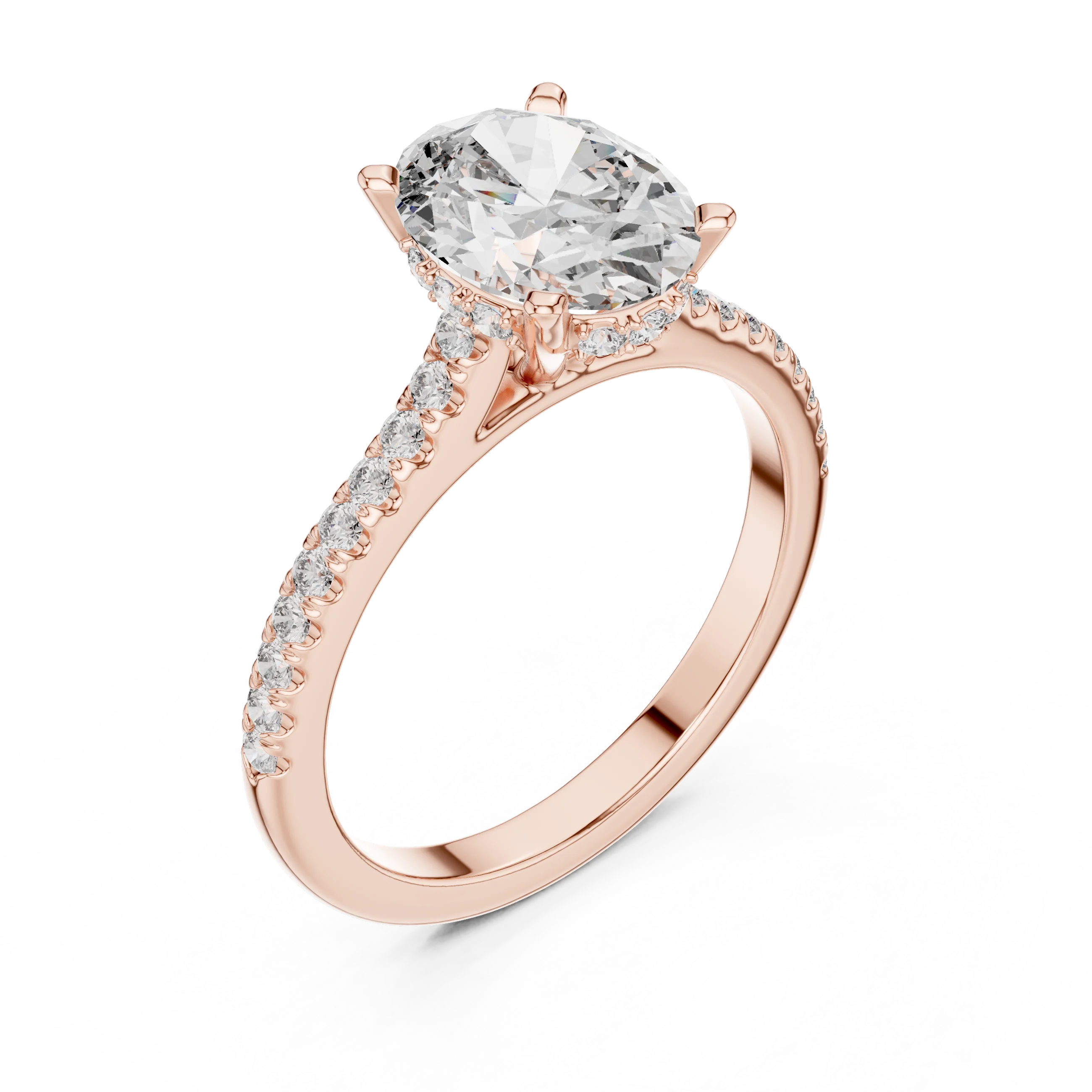 Oval Brilliant Hidden Halo Diamond Engagement Ring with Pave Shank
