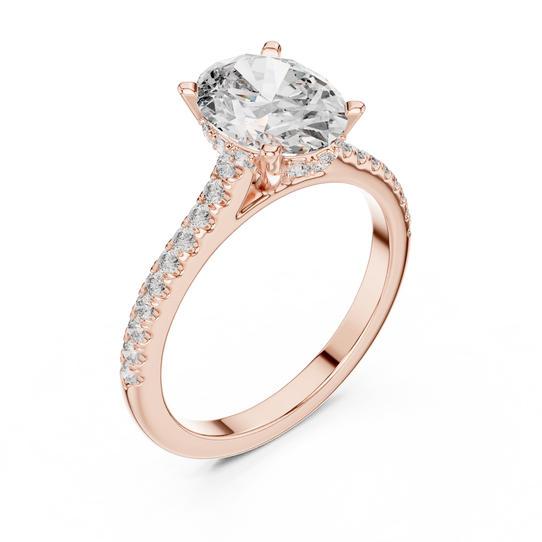Oval Brilliant Hidden Halo Diamond Engagement Ring with Pave Shank