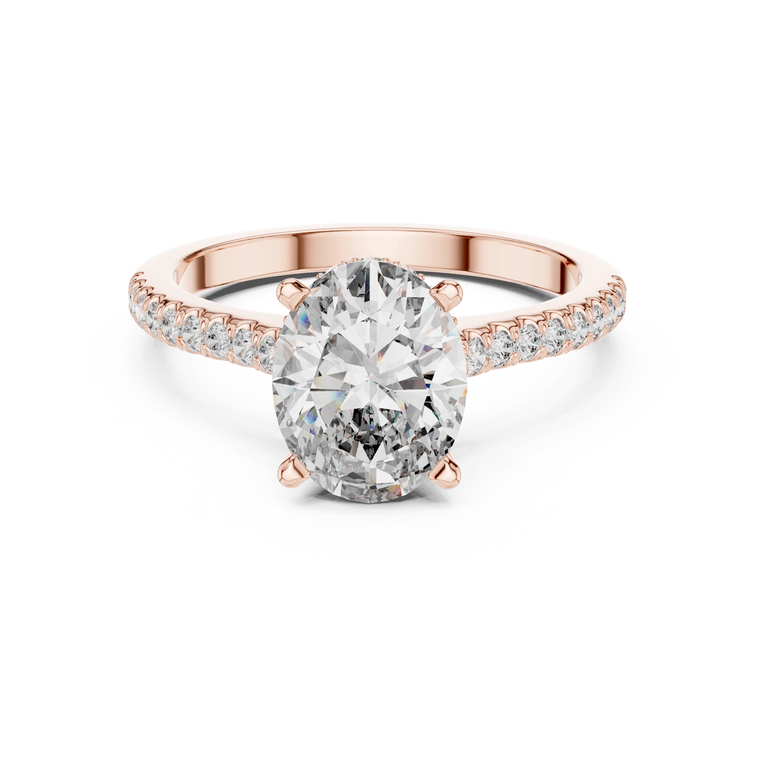Oval Brilliant Hidden Halo Diamond Engagement Ring with Pave Shank