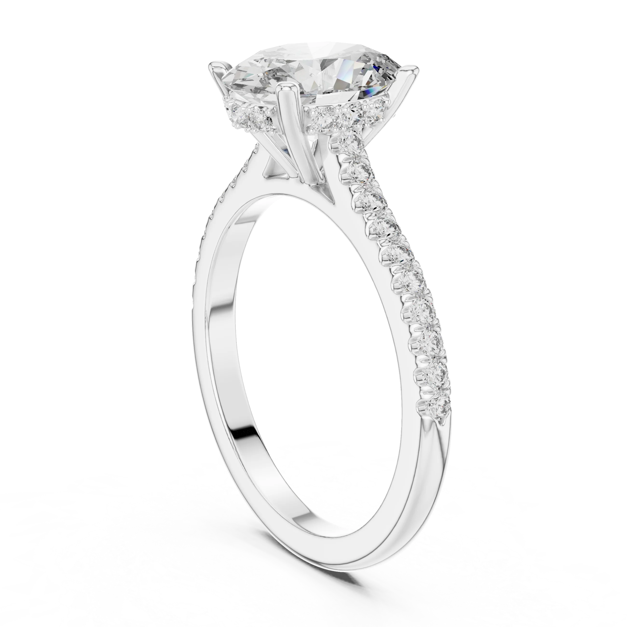 Oval Brilliant Hidden Halo Diamond Engagement Ring with Pave Shank