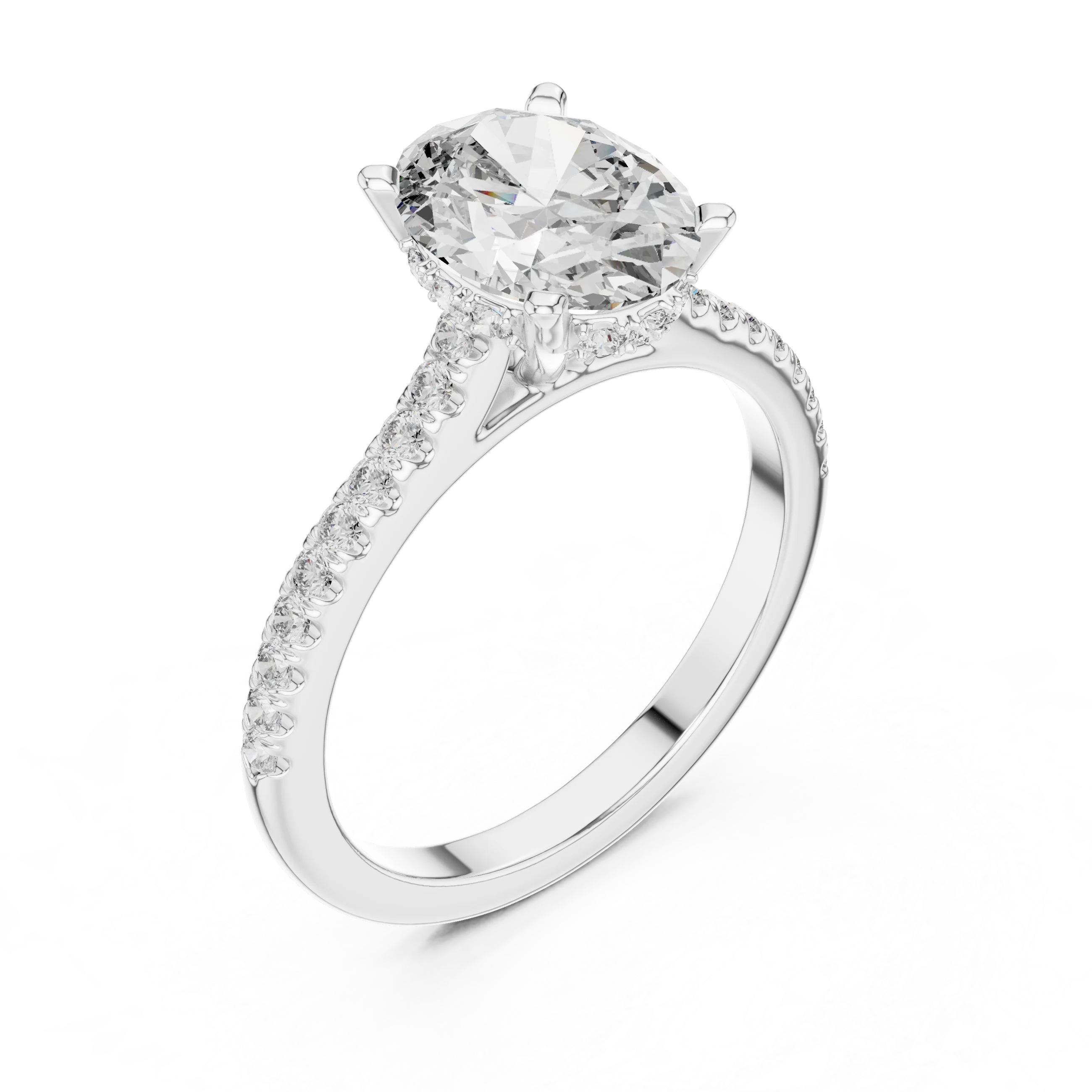 Oval Brilliant Hidden Halo Diamond Engagement Ring with Pave Shank