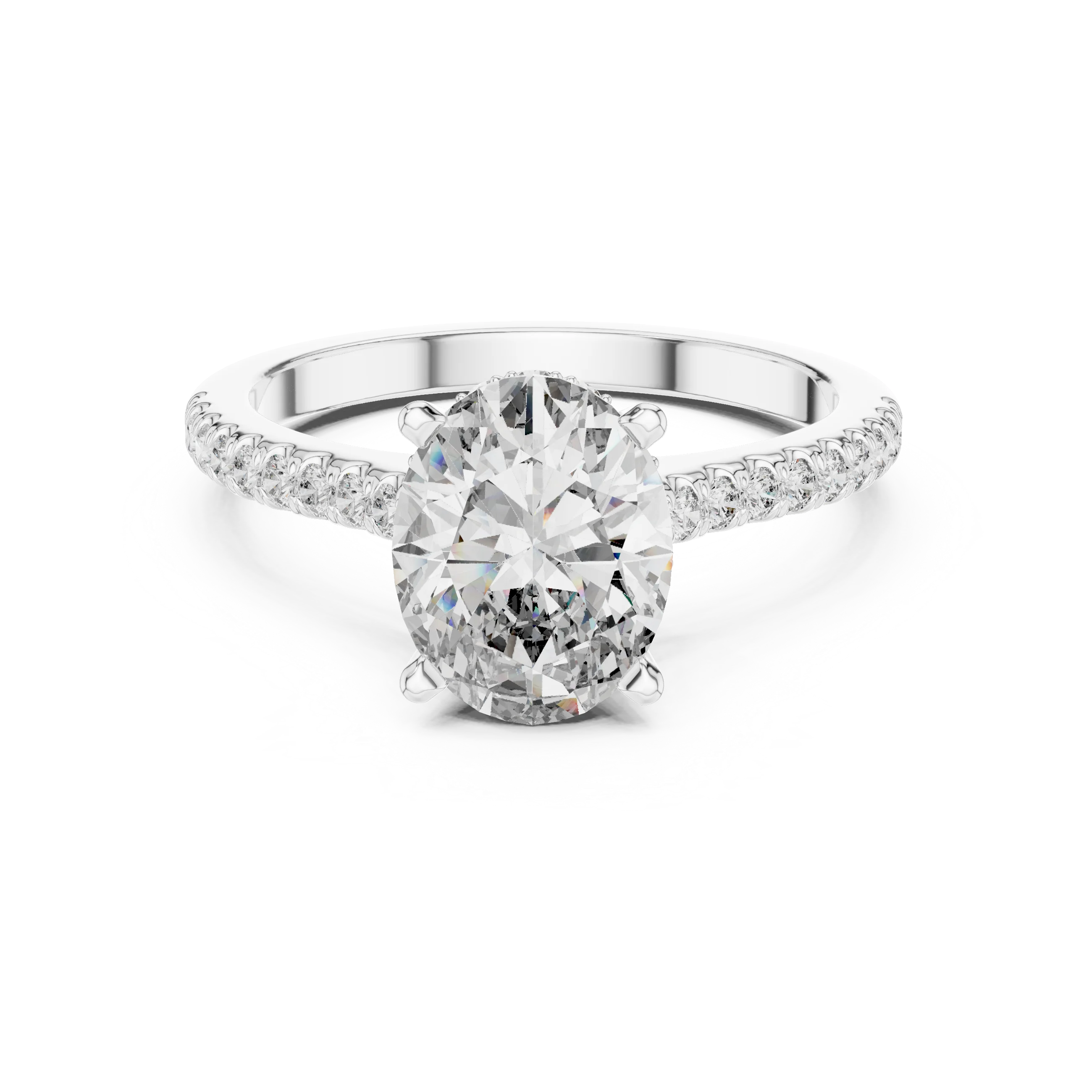 Oval Brilliant Hidden Halo Diamond Engagement Ring with Pave Shank
