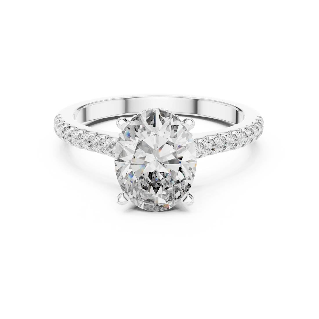 Oval Brilliant Hidden Halo Diamond Engagement Ring with Pave Shank