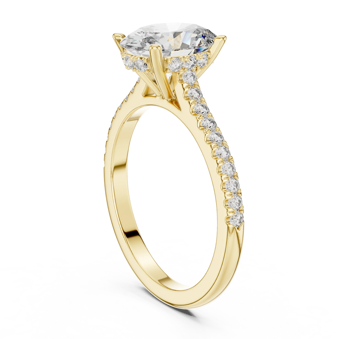 Oval Brilliant Hidden Halo Diamond Engagement Ring with Pave Shank