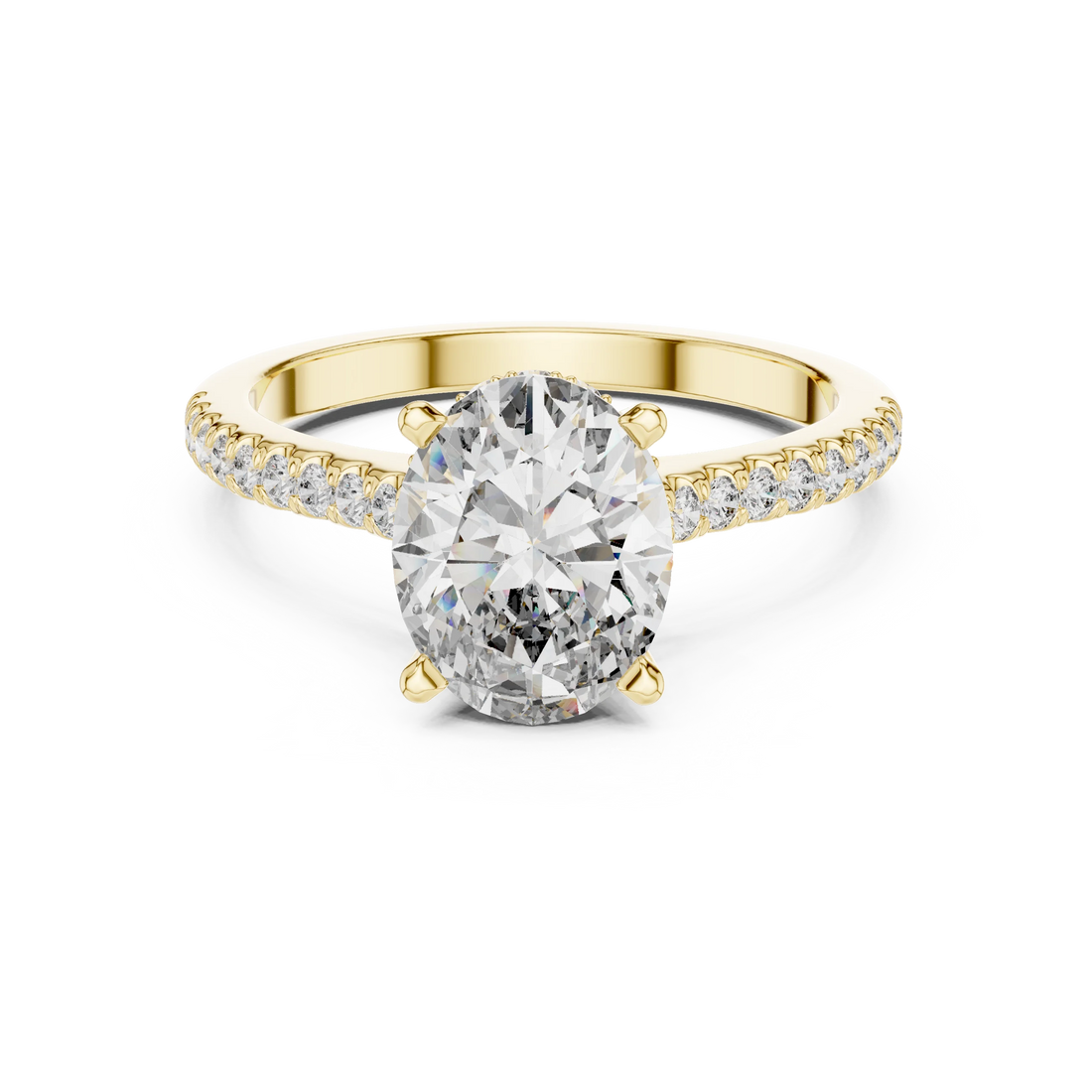 Oval Brilliant Hidden Halo Diamond Engagement Ring with Pave Shank