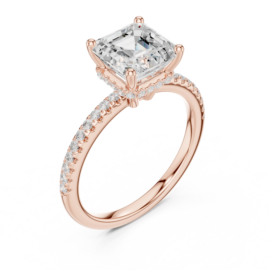 Hidden Halo Asscher Cut Diamond Engagement Ring With Pave Band