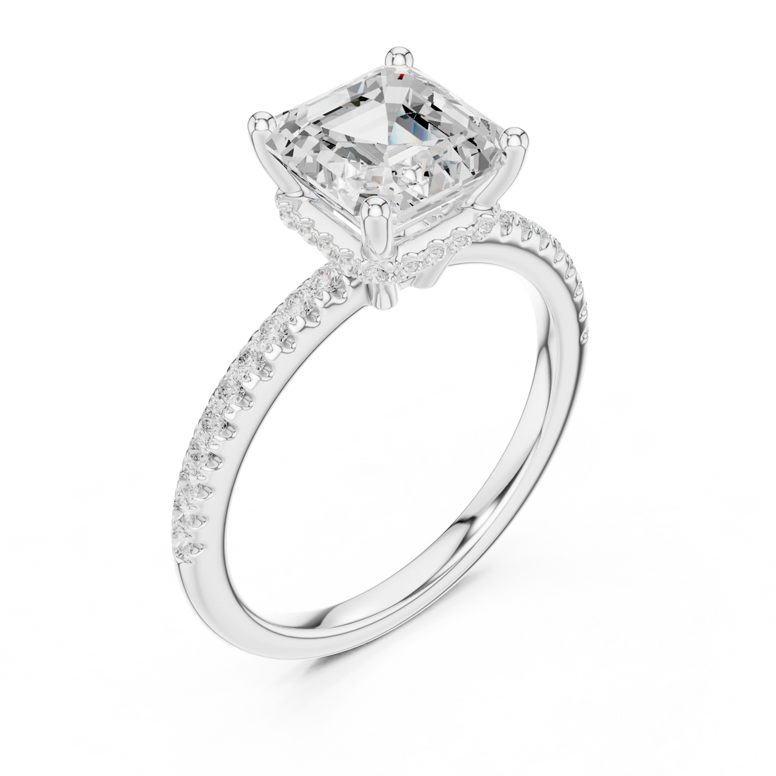 Hidden Halo Asscher Cut Diamond Engagement Ring With Pave Band