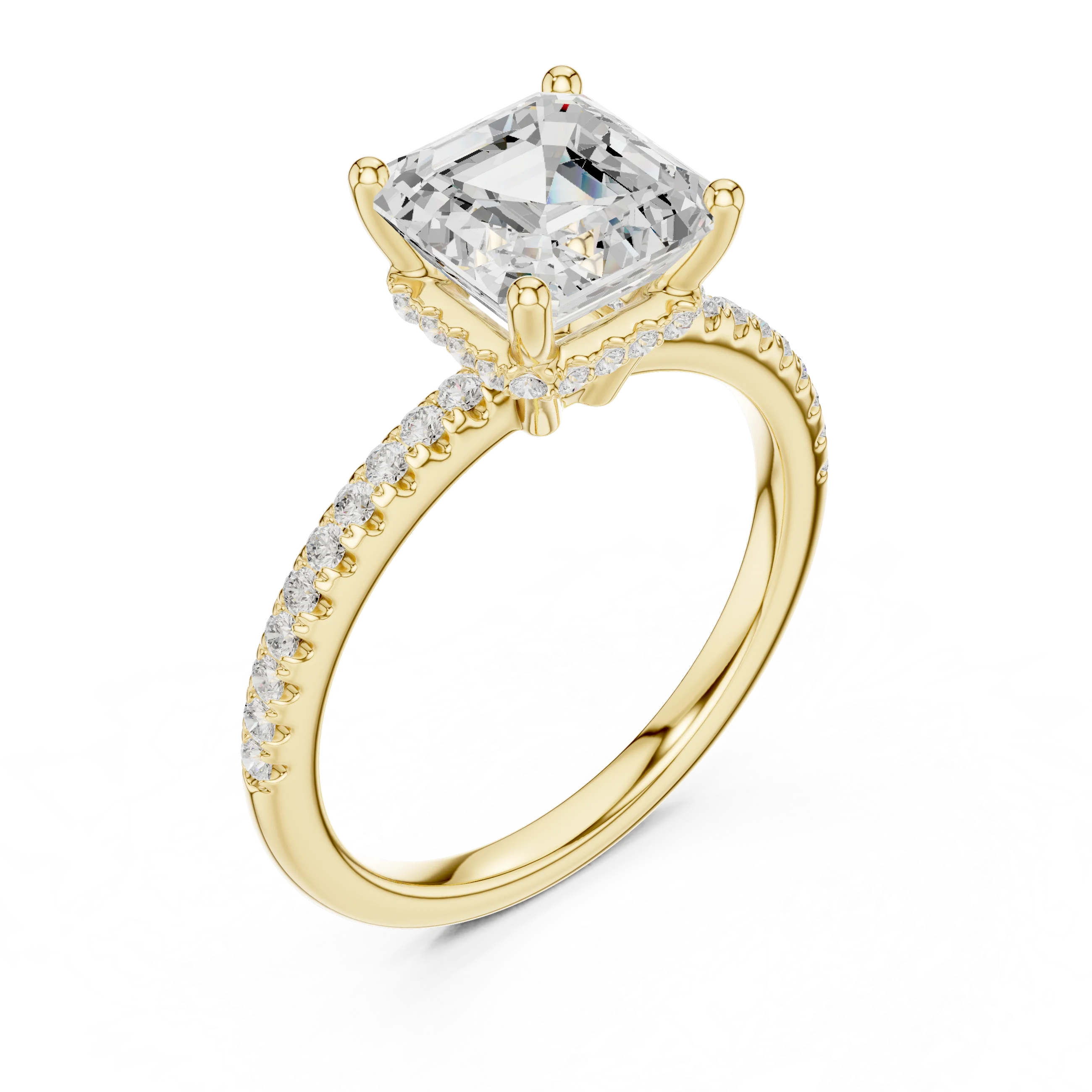 Hidden Halo Asscher Cut Diamond Engagement Ring With Pave Band
