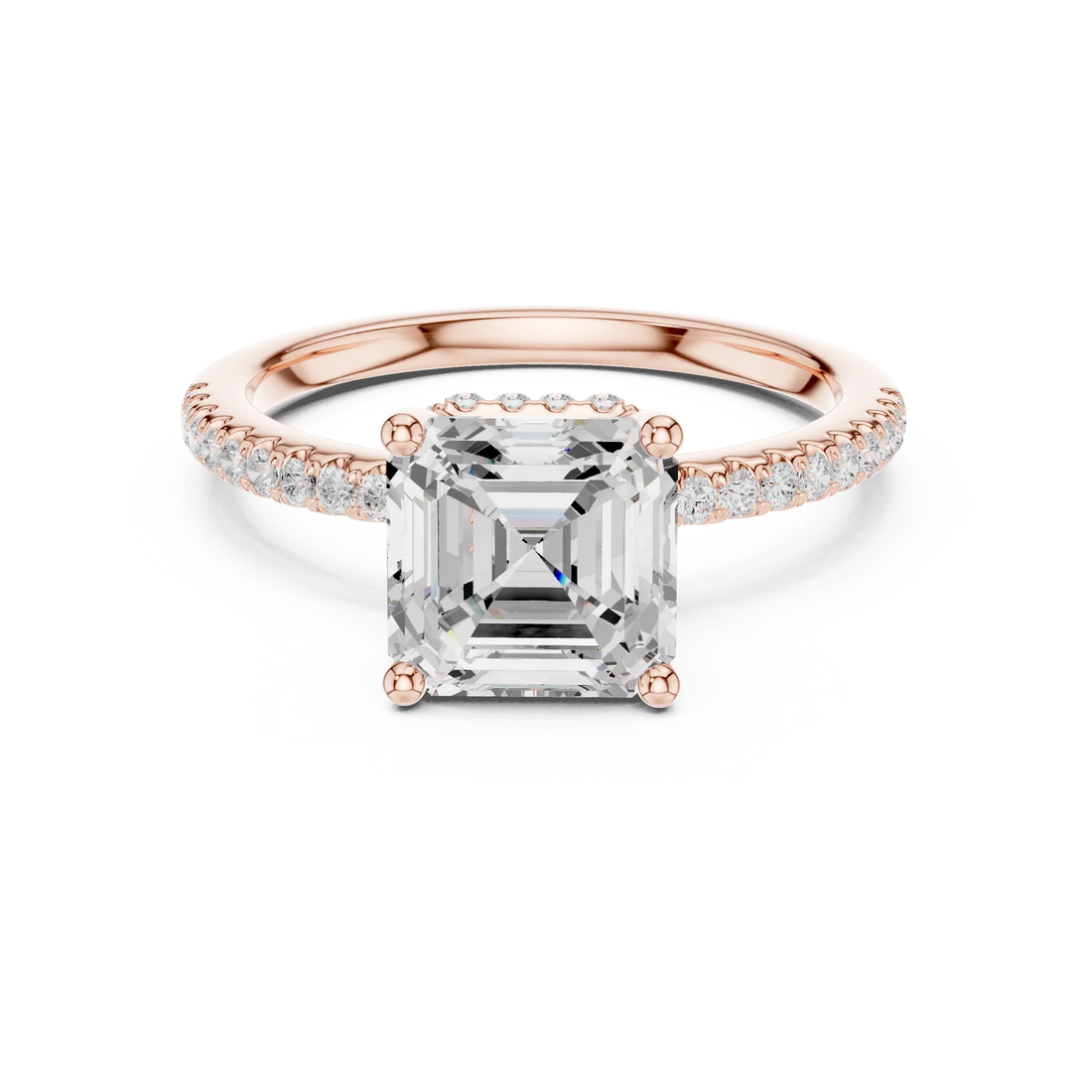 Hidden Halo Asscher Cut Diamond Engagement Ring With Pave Band