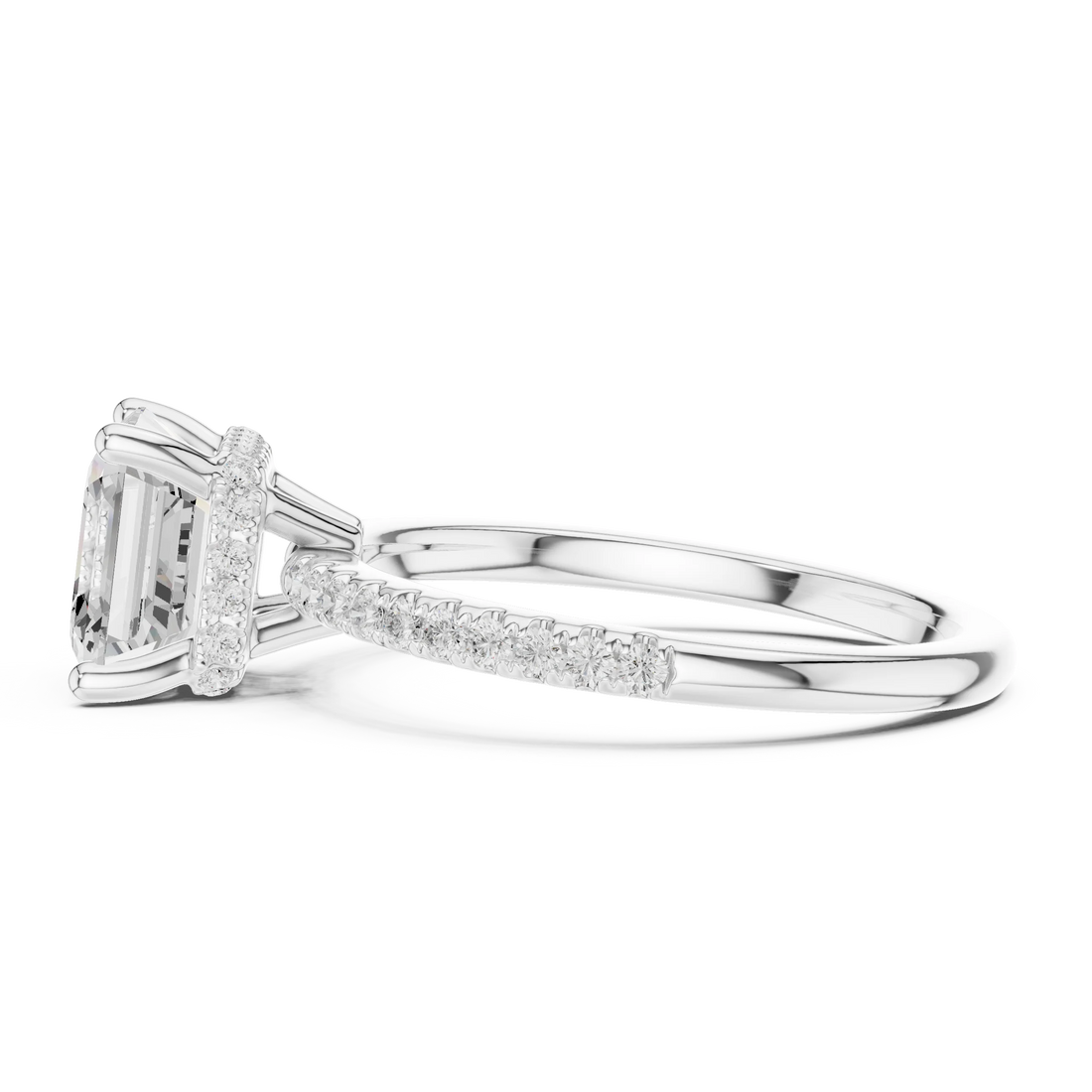 Hidden Halo Asscher Cut Diamond Engagement Ring With Pave Band
