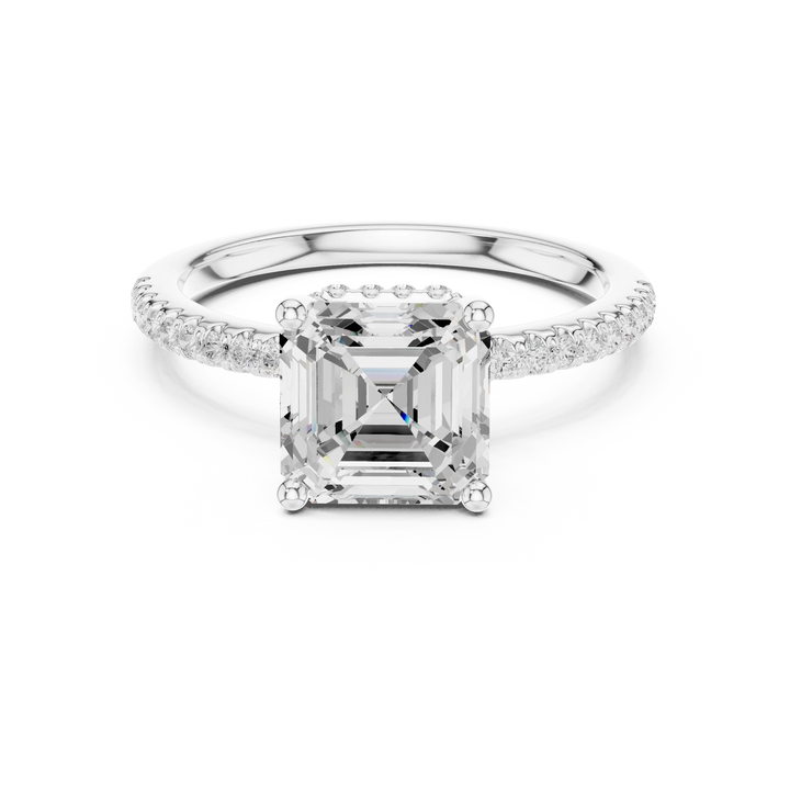 Hidden Halo Asscher Cut Diamond Engagement Ring With Pave Band