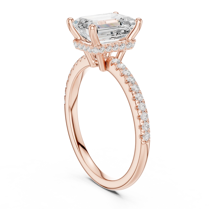 Hidden Halo Emerald Cut Diamond Engagement Ring With Pave Band