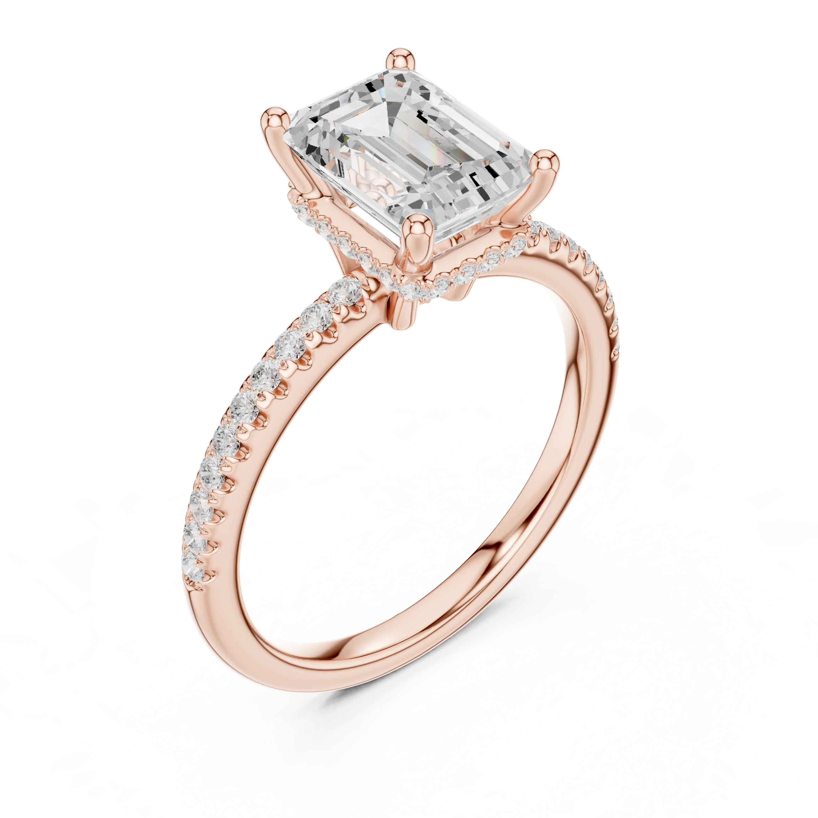 Hidden Halo Emerald Cut Diamond Engagement Ring With Pave Band
