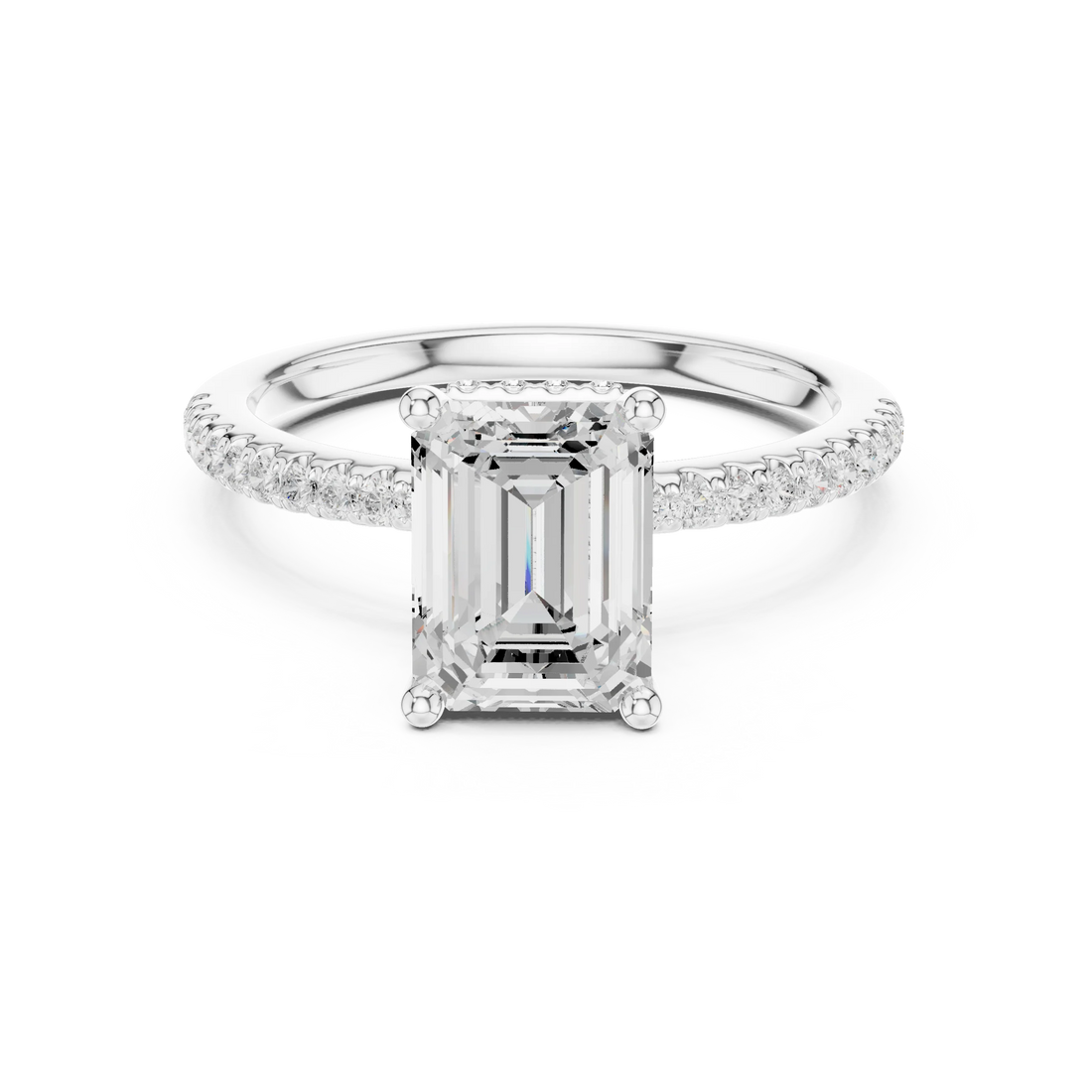 Hidden Halo Emerald Cut Diamond Engagement Ring With Pave Band