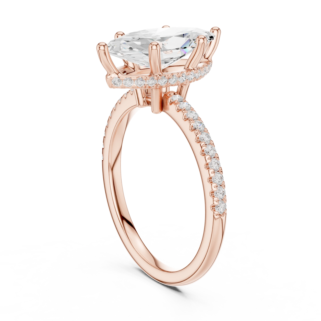 Hidden Halo Marquise Cut Diamond Engagement Ring With Pave Band