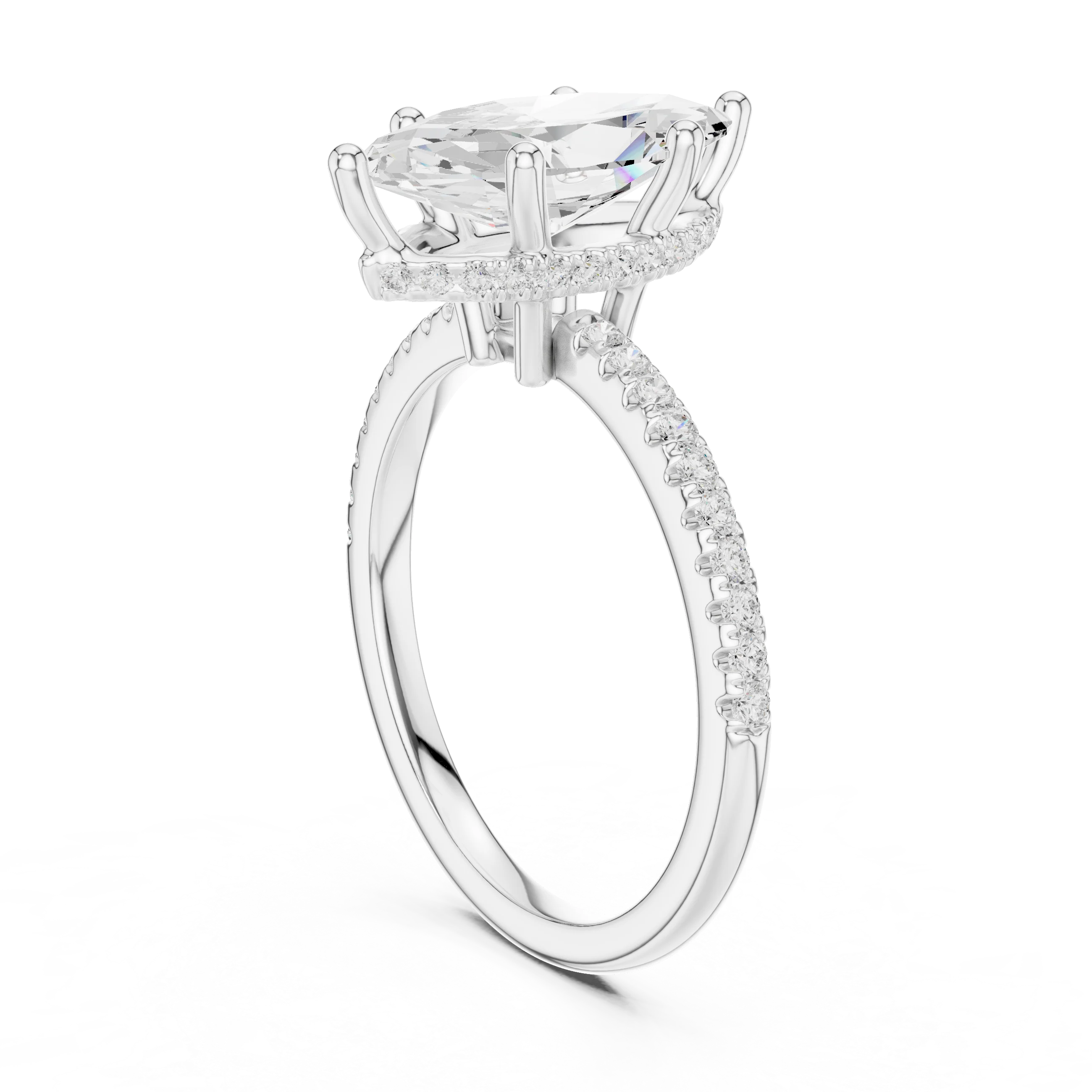 Hidden Halo Marquise Cut Diamond Engagement Ring With Pave Band