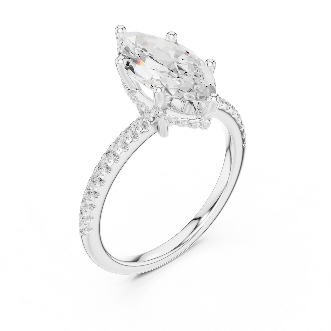 Hidden Halo Marquise Cut Diamond Engagement Ring With Pave Band