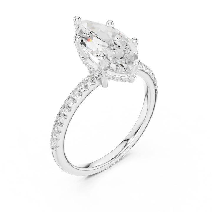 Hidden Halo Marquise Cut Diamond Engagement Ring With Pave Band